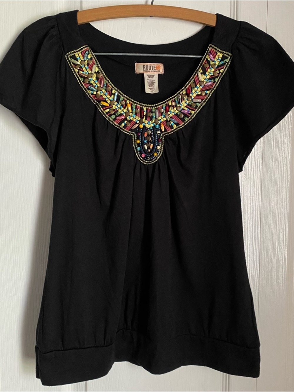 Vintage Y2K 90s Black Blouse Embroidery Beaded M Ruched Indie Sleaze Southwest